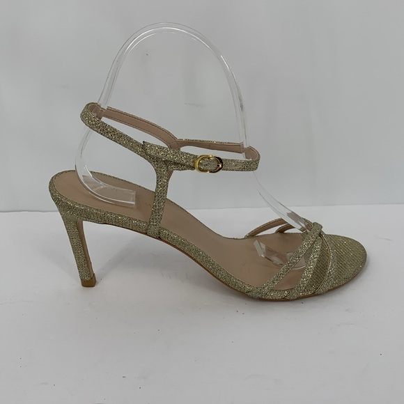 Stuart Weitzman Starla metallic sandal shoe heel gold glitter delicate strap 8.5 - Picture 1 of 6